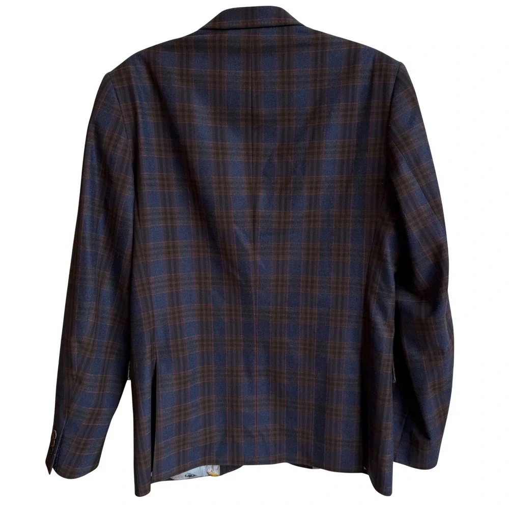 Ted Baker Tight Lines Blazer 38R Blue Brown Plaid Windowpane Preppy Sport Coat